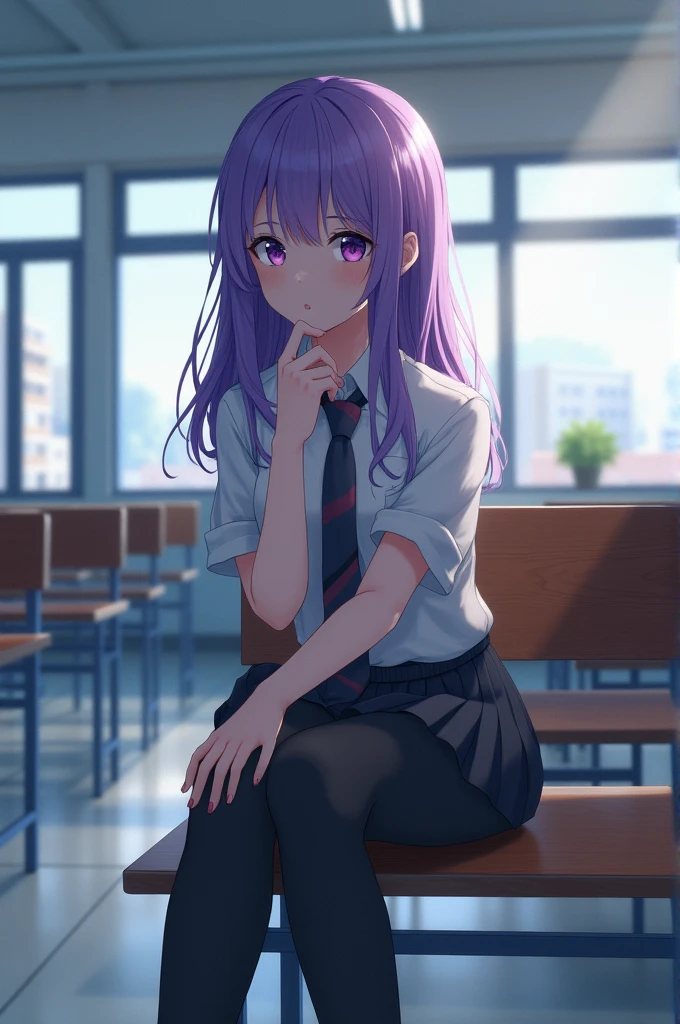 A girl sat in bench in one side colum
class room age 15 with violet colour .