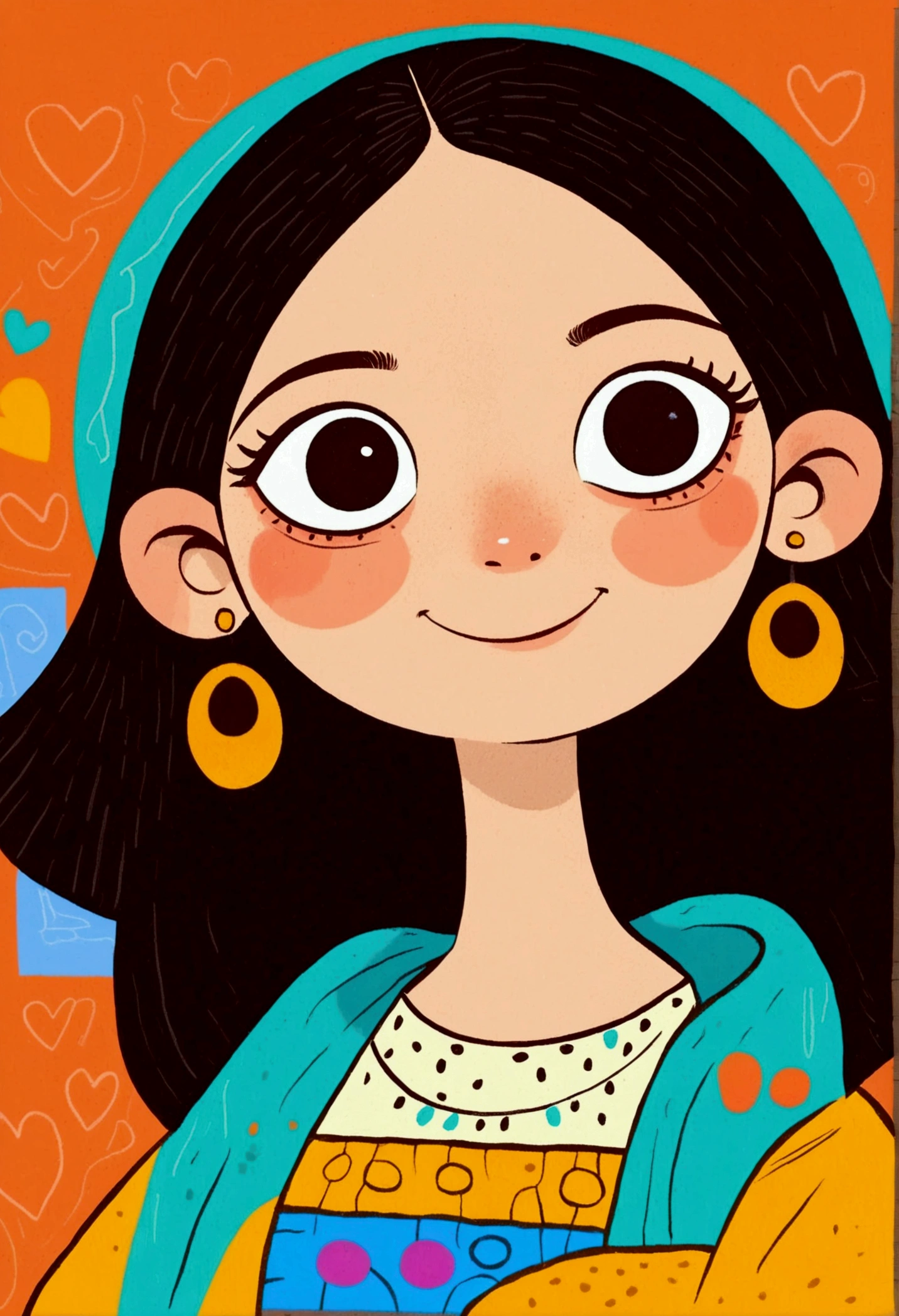 illustartor flat style,Vector,Childish art cartoon,Oil pastel graffiti,Cute style,cartoon girl with big earrings,big eyes,(((Mona Lisa's Smile))),Minimalism,Lovely art style, rich and colorful! Digital illustration style, The art of math. rich and colorful comic, Hand drawn cartoon art style,Solid color background,Black Lines