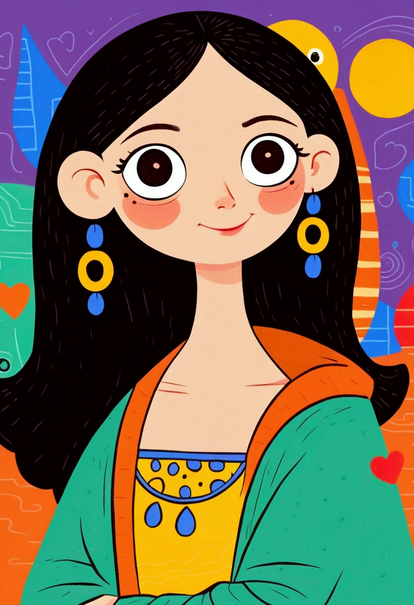 illustartor flat style,Vector,Childish art cartoon,Oil pastel graffiti,Cute style,cartoon girl with big earrings,big eyes,(((Mona Lisa's Smile))),Minimalism,Lovely art style, rich and colorful! Digital illustration style, The art of math. rich and colorful comic, Hand drawn cartoon art style,Solid color background,Black Lines