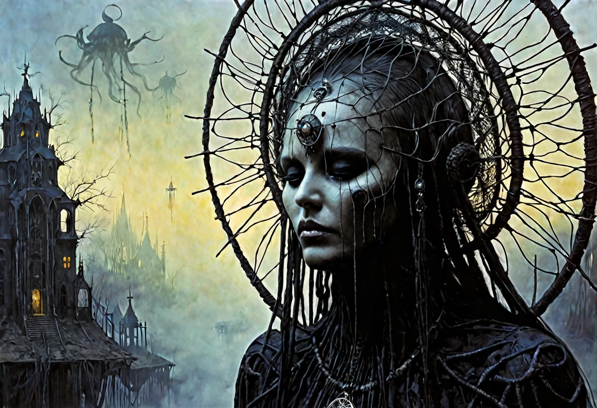 (Masterpiece, best quality), (lo Gothic), Dream Catcher, Vampir, (HG giger, Art by Hermann Nitsch, Beksinski, Dariusz Zawadzki, giger, zdzislaw beksinski)