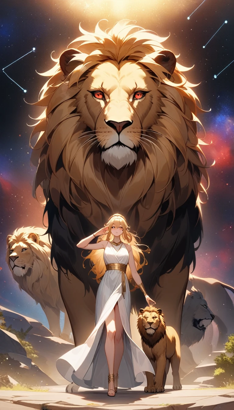 （Huang Li、high quality、Extremely detailed），Constellation - Goddess Leo，Giant lion，Woman petting a lion，Similar to Latin goodness，brave，capricious，Productivity，The face of enterprising and humanitarianism，Blonde Hair，Ancient Greek costumes、Wrap Dress，The background is a nebula，Crystal red eyes（Eyes Details），Powerful appearance