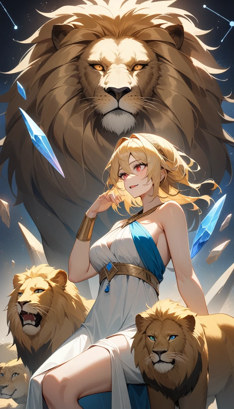 (Huang Li、high quality、Extremely detailed),Constellation - Goddess Leo,Giant lion,Woman petting a lion,Similar to Latin goodness,brave,capricious,Productivity,The face of enterprising and humanitarianism,Blonde Hair,Ancient Greek costumes、Wrap Dress,The background is a nebula,Crystal red eyes(Eyes Details),Powerful appearance