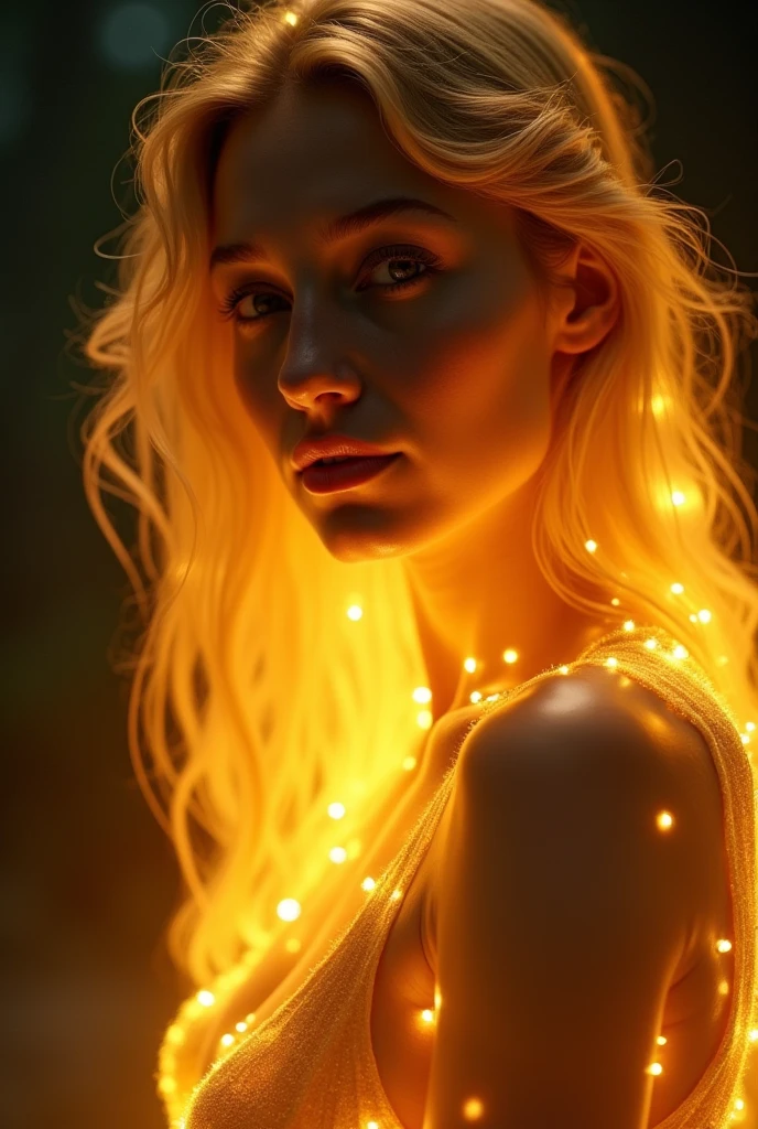 (Facing Viewer), Nude, half body, close up, glowing woman in gold, golden hair, ethereal light, dark background, intense light, surreal atmosphere, digital art, dramatic lighting, detailed textures, ultra-high resolution