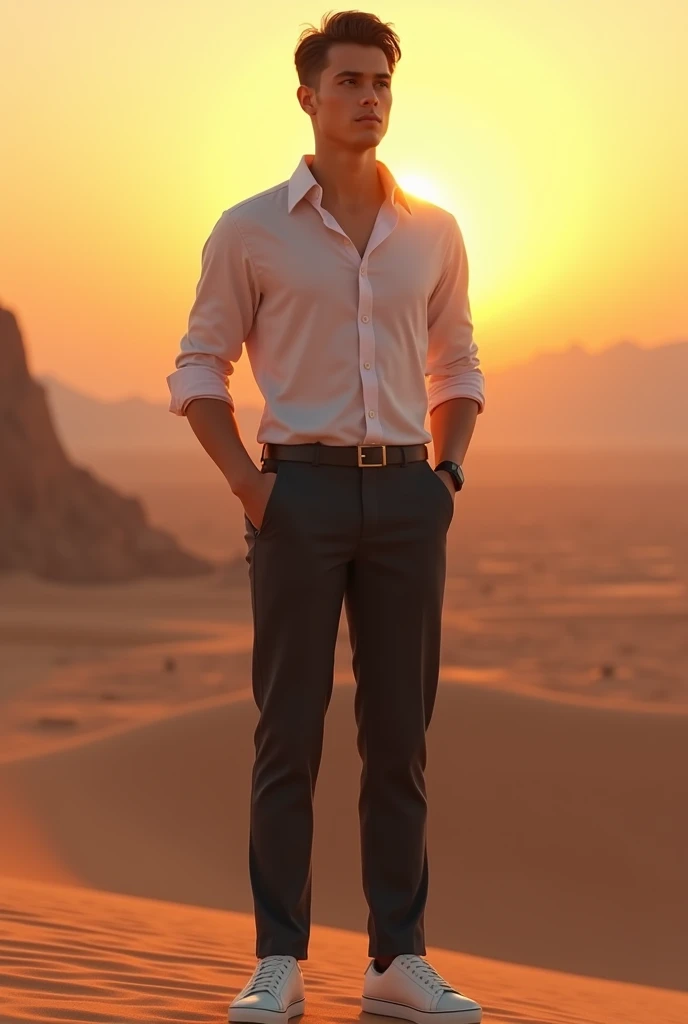 Handsome boy in formal shirt and pants with sneakers standing in sunset view of a desert