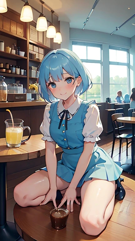 (from the front), Fisheye Lens, Beautiful , Curvy, Flat Chest, Small breasts，Underbust, (Kneeling on the round table), (On the table:1.5), (Leg spread), (Hot lemonade between my legs:1.3),Steam rising from hot lemonade， (Classic puffy short sleeve ruffled blouse), (Light blue mini skirt), (Button-down shirt), (Neck ribbon)+ Thighs, High heels, (View your viewers:1.5), (Embarrassing:1.3), (Smile), (vapor:1.3), (Girl trembling with sexual climax:1.3), Mid-length hair, Light blue hair,Bobcut, Wavy Hair, Glowing Skin, (coffee shop), window, morning, (crowd:1.3), (masterpiece, Highest quality, High resolution:1.3), Perfect Anatomy