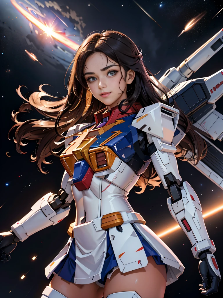 (top quality), (masterpiece), nsfw, personification of Mobile Suit Gundam F91, great highlights of the upper body, powerful mecha, beautiful girl with a beam rifle, 2, , modest nose and chin, neat smile, semi-long hair, drooping eyes, no panties, attractive ass, loincloth, moist wet and slightly thick thighs, legs open in M shape, outer space, fight scene,