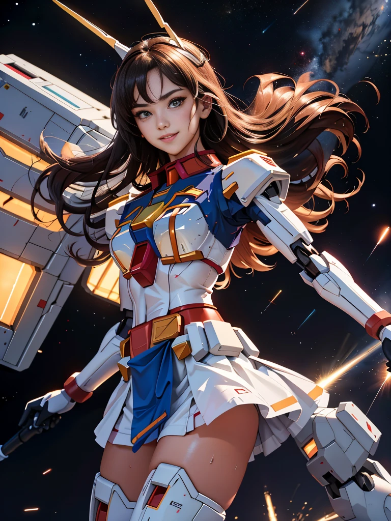(top quality), (masterpiece), nsfw, personification of Mobile Suit Gundam F91, great highlights of the upper body, powerful mecha, beautiful girl with a beam rifle, 2, , modest nose and chin, neat smile, semi-long hair, drooping eyes, no panties, attractive ass, loincloth, moist wet and slightly thick thighs, legs open in M shape, outer space, fight scene,