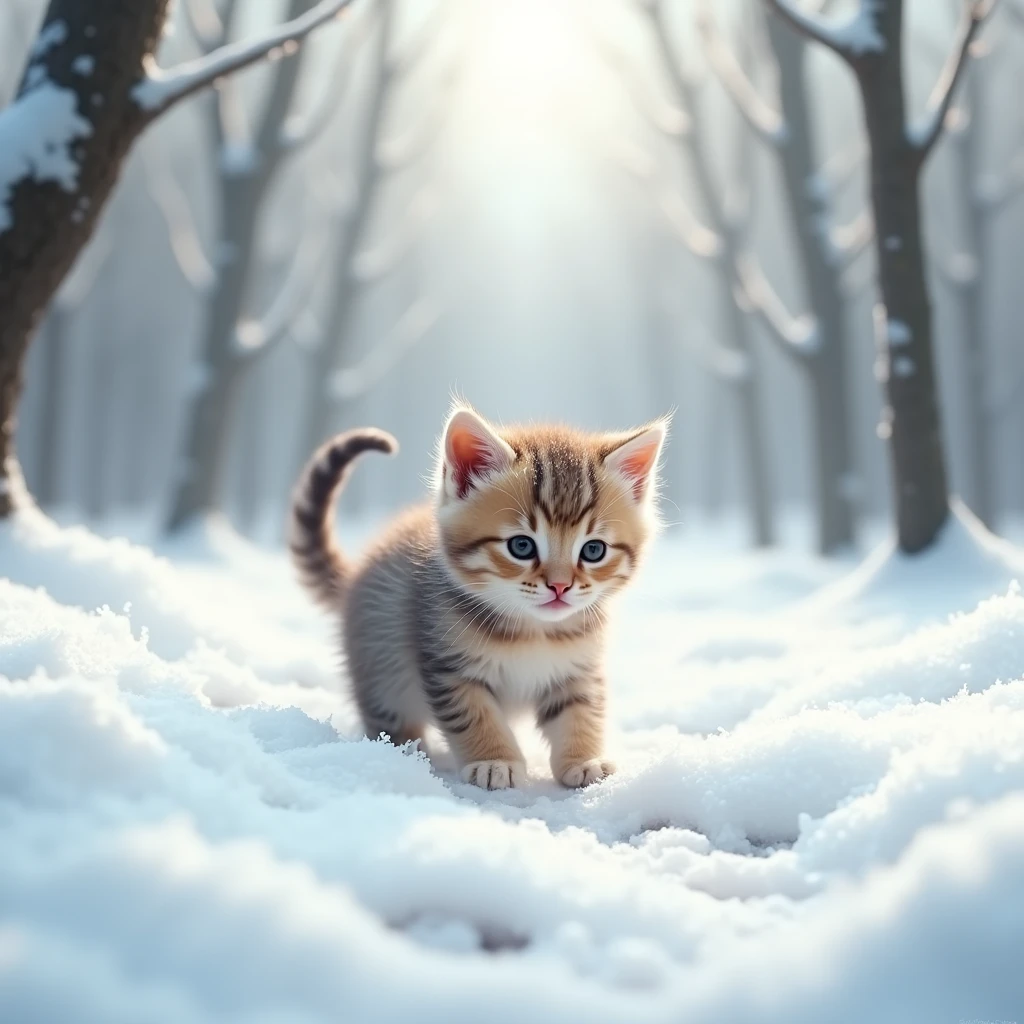 A kitten is playing alone in the winter snowy forest