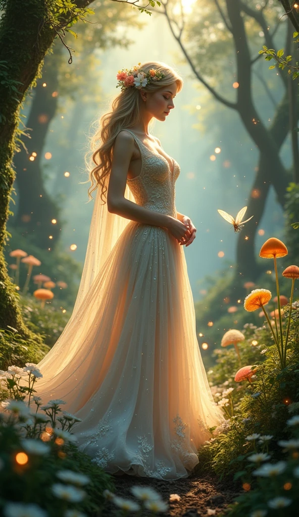 (Highest quality,4K,8k,High resolution,Tabletop:1.2),Very detailed,(Realistic,Realistic,Photorealistic:1.37),Fairy Queen,Shining Spell,fantasy forest,Beautiful attention to detail,Detailed lips,Enchanting atmosphere,Sparkling Light,Fairy Wings,Crown of delicate flowers,Magical Environment,Mystical Creatures,Heavenly Beauty,Magic Twinkle,A little magic,Elegant gown,Graceful Movement,Nature Spirits,Speckled sunlight,Whispering Tree々,Shining waterfalls,Mysterious Mist,Magical creatures,Otherworldly aura,Soft pastel colors,Soft and warm lighting,Majestic castle,Pixie Dust,Charming flowers and plants,Shining Crystal,Dreamy atmosphere,Tranquility and peace,Whimsical and seductive,Floating Petals,Gentle breeze,Captivating melodies,Hidden paths and secret forests,Glowing Mushroom,Celestial bodies exist,Fairy powder