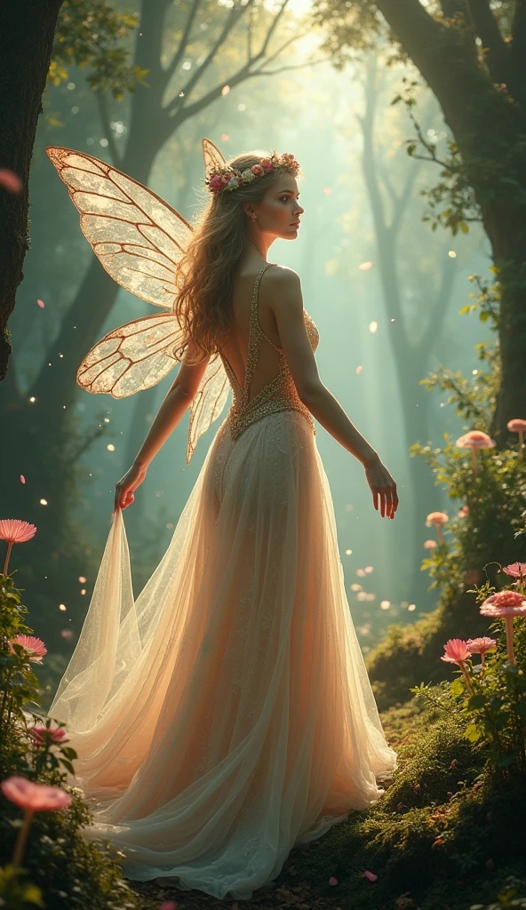 (Highest quality,4K,8k,High resolution,Tabletop:1.2),Very detailed,(Realistic,Realistic,Photorealistic:1.37),Fairy Queen,Shining Spell,fantasy forest,Beautiful attention to detail,Detailed lips,Enchanting atmosphere,Sparkling Light,Fairy Wings,Crown of delicate flowers,Magical Environment,Mystical Creatures,Heavenly Beauty,Magic Twinkle,A little magic,Elegant gown,Graceful Movement,Nature Spirits,Speckled sunlight,Whispering Tree々,Shining waterfalls,Mysterious Mist,Magical creatures,Otherworldly aura,Soft pastel colors,Soft and warm lighting,Majestic castle,Pixie Dust,Charming flowers and plants,Shining Crystal,Dreamy atmosphere,Tranquility and peace,Whimsical and seductive,Floating Petals,Gentle breeze,Captivating melodies,Hidden paths and secret forests,Glowing Mushroom,Celestial bodies exist,Fairy powder