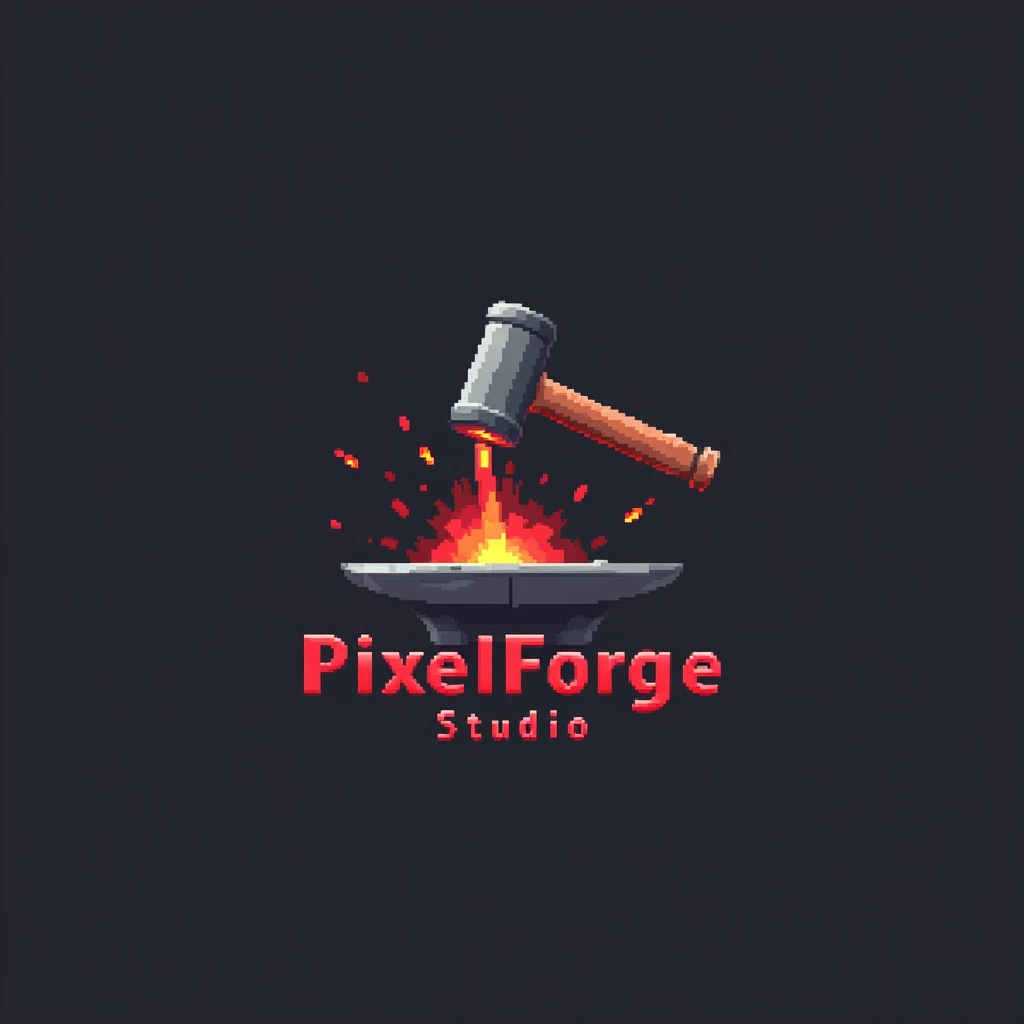 A logo with the text "PixelForge Studio". The hammer is striking a red-hot piece of metal on an anvil. The background is a dark grey colour. 8bit pixelated art