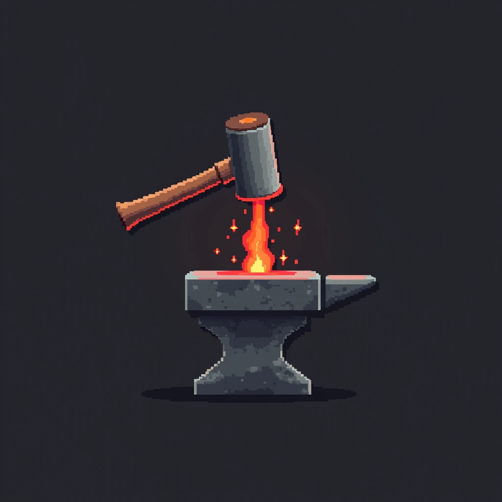 A logo with the text "PixelForge Studio". The hammer is striking a red-hot piece of metal on an anvil. The background is a dark grey colour. 8bit pixelated art