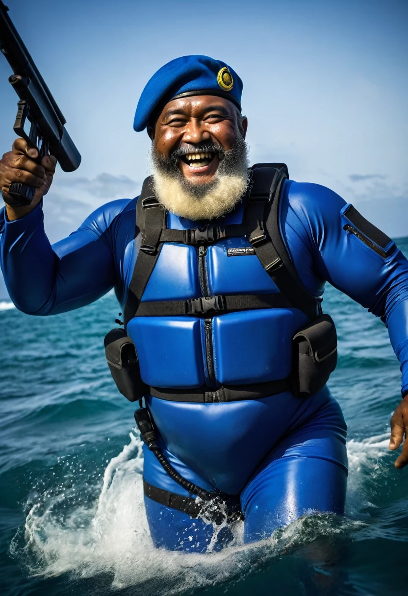 (a dark-skinned bearded fat chubby old man in a bulky blue zipper diver suit) patrolling in the sea, carrying a gun and (wearing army beret), muscular, Basuki Abdullah, sumatraism, action-packed atmosphere, a character portrait, heroic, fierce expression, smiling, dramatic shadows and intense highlights, cinematic color tones, high detail, professional, best quality image