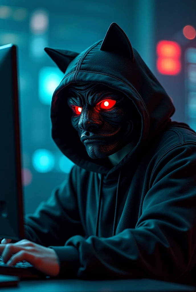 It's a robust person with a hood sitting using his hacker computer, he has an anonymous mask with cat ears and has red eyes with black pupils.