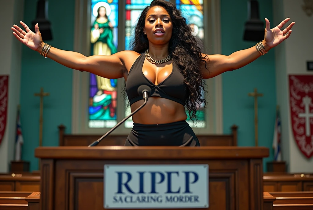 A body that looks like its clothes will burst with porn muscles,amazing beautiful super muscular body builder female porn model,A confident and poised Black porn female politician with a commanding presence and a fuller body type, full body tall and plus size curvey body 5'9 265 lbs This mage should exude power,delivering a powerful speech inside a traditional gospel church. She stands at a wooden podium, dressed in an elegant black suit with a gold chain necklace. The church is warmly lit with stained glass windows depicting religious scenes. A choir, also in traditional gospel attire, is positioned behind her, singing passionately. The church is filled with an attentive congregation, and the atmosphere is vibrant and inspiring, combining historical architecture with a spiritual ambiance.