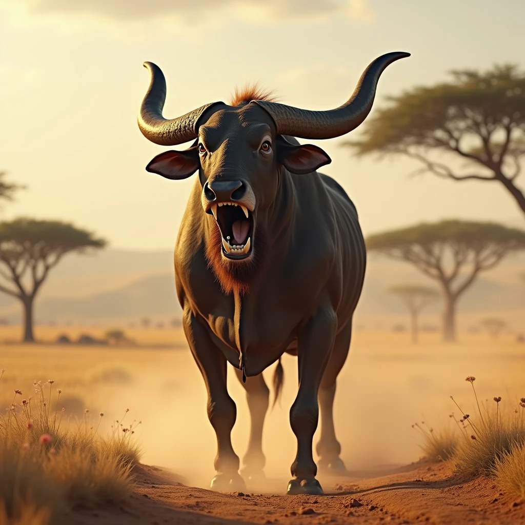 Powerful bull ryns triumphantly on a dusty African savanna, with mouth open 