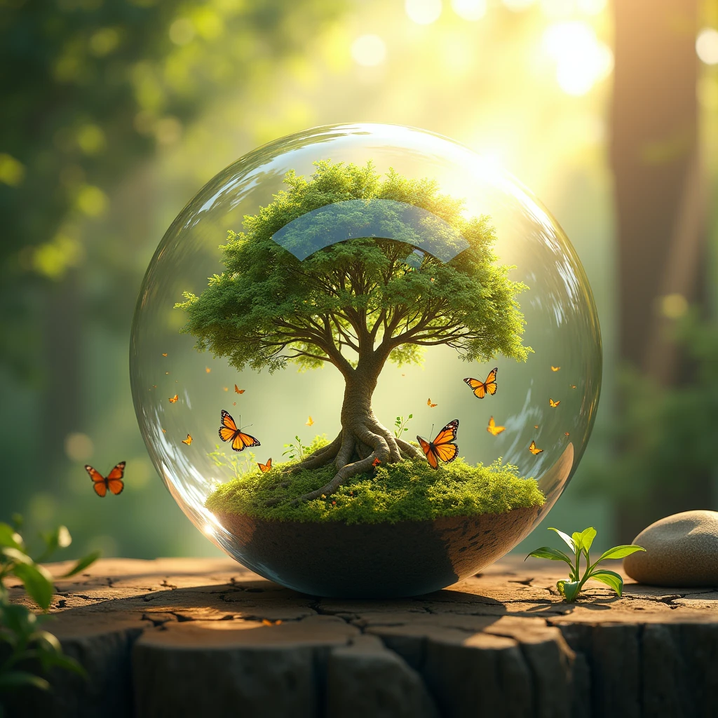 (masterpiece),(Best Quality:1.0), (ultra high resolution,), detailed, a crystal ball with a tree inside, Digital art, winner of the cg society competition, butterflies and sun rays, concept art design illustration, beautiful digital illustration, closed ecosystem
