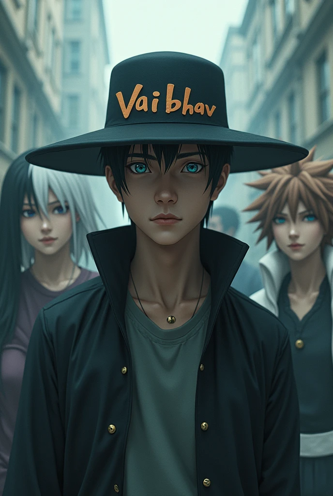 A man with the hat. Vaibhav is written in the hat like Vaibhav is just name in the hat 
and this man is standing with Kakashi ,Naruto,light Yagami gami, 