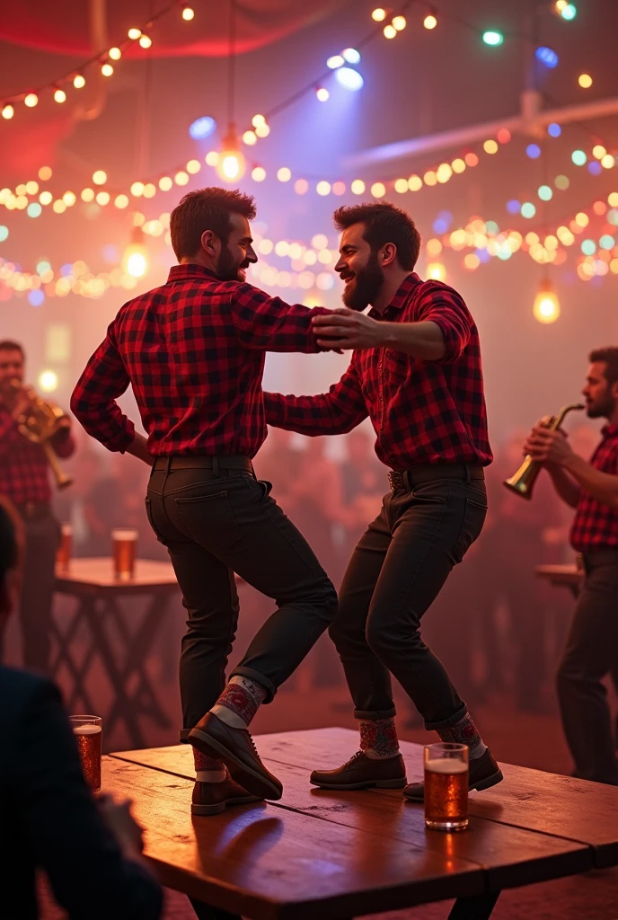 Two men dancing on a beer table, the men wear dark red checked lumberjack shirts and traditional leather trousers and Haferl shoes decorated with embroidery, it is a scene in a beer tent, very close in the background there is a stage on which a brass band is playing, There are large beer mugs on the table, Colorful neon tubes and colorful fairy lights illuminate with a very bright radiant light