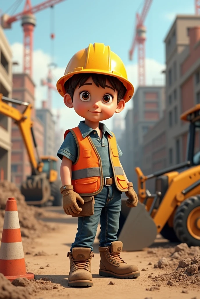 provide me an image of children its a boy, the theme is he is a worker in a site, background have backhoes and under construction make it realistic



