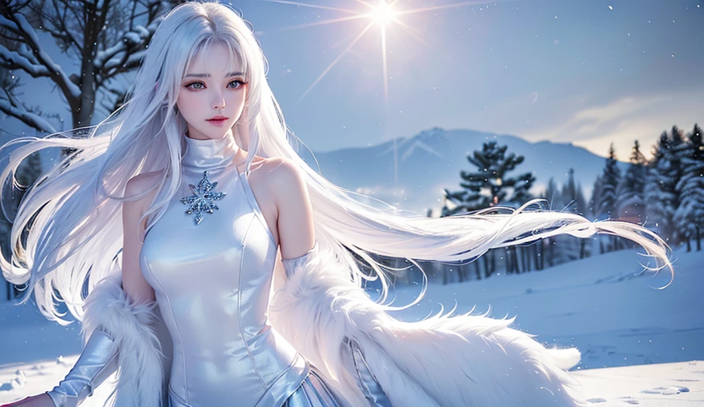 (close)((masterpiece:1.5、8k、Tabletop、Photorealistic and very detailed CG、Very detailed、Particle Effects、Dynamic Effects、Written boundary depth、Cinematic Light、Lens flare、Ray Tracing、Tabletop、Realistic:1.4、超A high resolution、Realistic、Realistic))((alone、Woman in fur coat:1.4、turtleneck、Exposing shoulders、Elegant woman posing、Detailed face、brightexpression、young, bright, Whiter skin、Medium Beauty Breasts、Best Looks、Ultimate beauty、White hair with Shiny highlights、bright, Shiny, Super long straight hair、Hair dancing in the wind))(morning、The setting is outdoors in the snow、snowflakes fluttering)