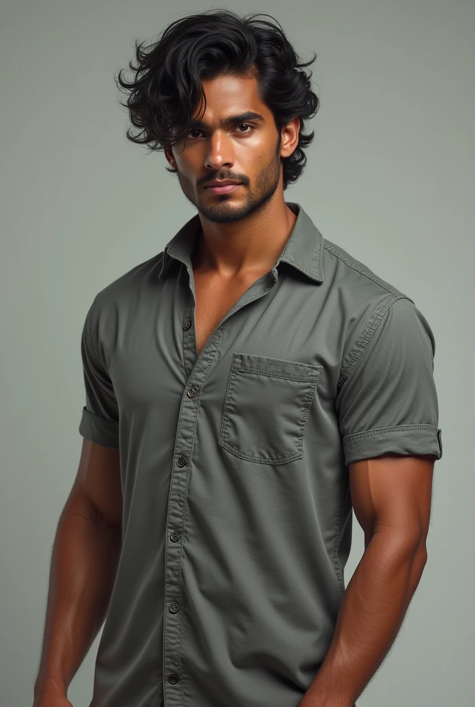 a male almond skin tone , black hair , black eyes , square shape face , curly or wavy hair type , lean and toned body ..with a grey shirt on mix indian and amercian 