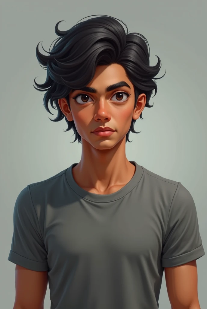 a male almond skin tone , black hair , black eyes , square shape face , curly or wavy hair type , lean and toned body ..with a grey shirt on mix indian and amercian 