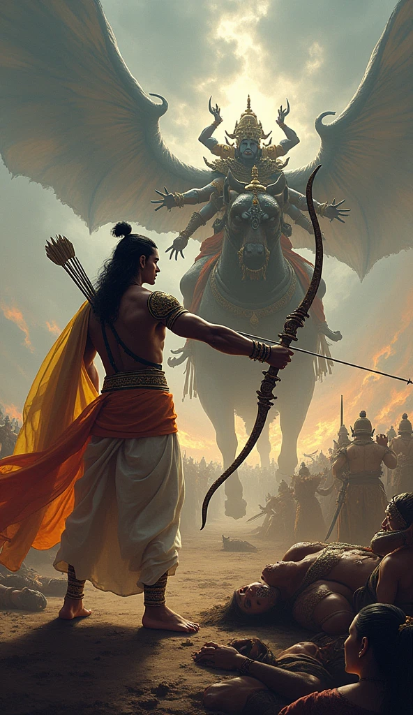 Rama Avatar: An epic scene of Lord Rama, a prince with a serene and noble demeanor, standing in a battlefield. He is shown with his bow drawn, aiming at the demon king Ravana, who is depicted with multiple heads and arms, in a chariot. The background is a war-torn landscape with fallen warriors and a dramatic sky.