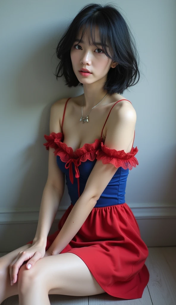 (RAW photos, best quality, masterpiece: 1.2), (Reality: 1.4), Optimal lighting, 20 years old,Korean Girl, (Light black hair, Short Bob Hairstyle, Divide hair into three and seven parts, Hair longer than one ear, :1.15), (Symmetrical blue clear eyes, Solitary, Medium breasts, Delicate skin, :1.2), ((Light grey walls and floors, Photo Studio, Sitting on the floor, Sitting against the wall, Red and blue off-the-shoulder short dress, Red lace necklace, Thin necklace, Wear black high heels, Clean your legs, Movie Lighting, Sexy look, from the side))