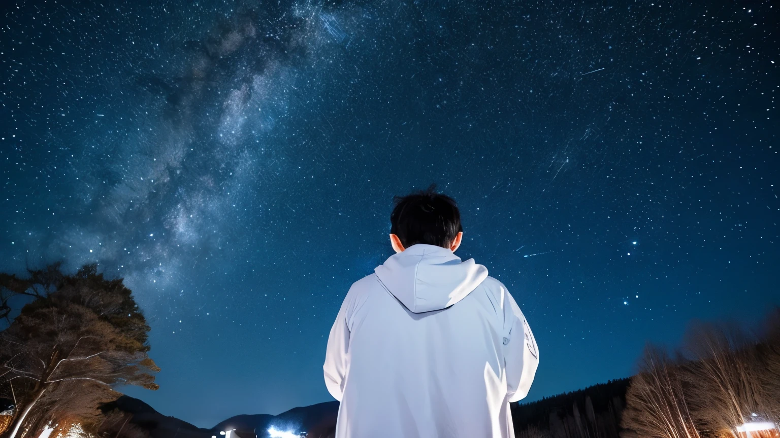 Starry sky with Orion、Looking up at the starry sky, I put my hands together and prayed、A Japanese 7years girl、White coat with blue scarf、Zoom of man standing and praying with hands together、