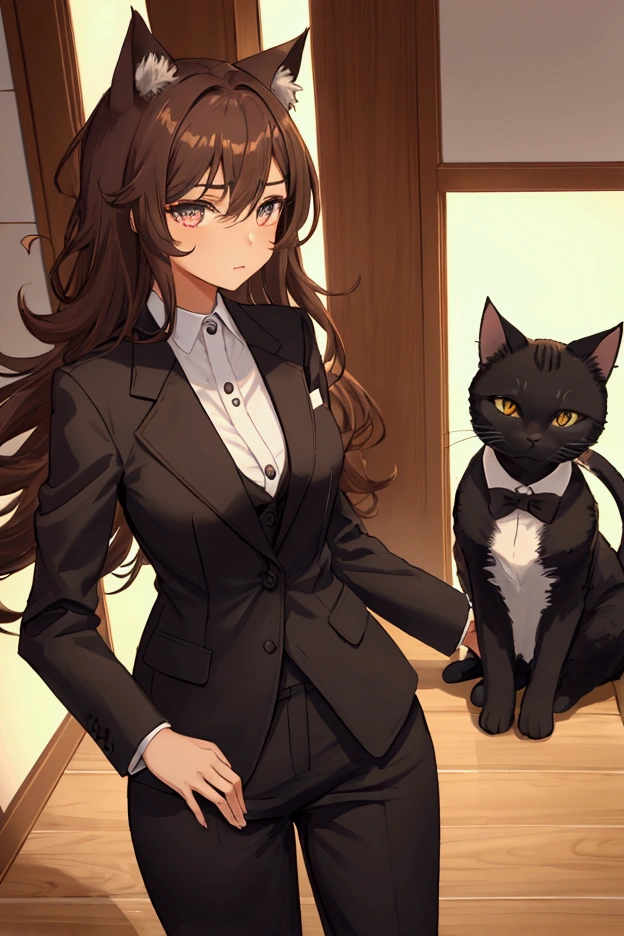 Neika is a short girl with brown medium length wild hair, cat ears, cat like eyes, light brown cat Iris's, fair skin, B cup breasts and is dressed in a black business suit.
