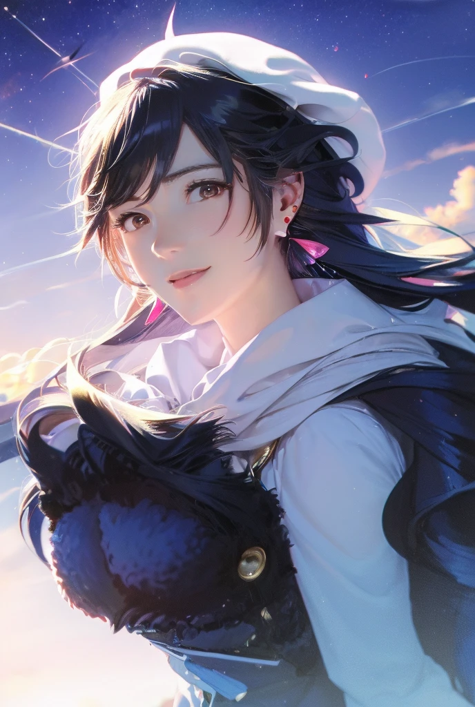 One person, High resolution, chest, Blushing, Shortcuts, bangs, Simple Background, 目の間のbangs, Earrings, Barrette, Background blur, beret, Anatomically correct, Gaze, smile, Black Hair, Open your mouth a little, Minimalist, Highest quality, Character portrait, Soft Light, Gentle colors, Illustration of movement, ハート型のEarrings, Bangs, Top-down composition,City night view,