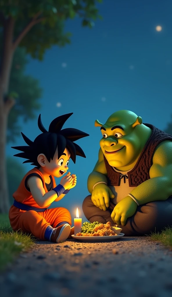Son Goku and Shrek sit by the roadside, savoring a simple meal with heartfelt warmth. Goku, with his boundless enthusiasm, takes joyful bites, while Shrek, with a friendly smile and a look of contentment, relishes each bite with gratitude. The surroundings are calm and intimate, with the night sky as a backdrop to this warm encounter. In their meal, the strong bond of friendship and the simple joy of the moment shine through, touching the heart.