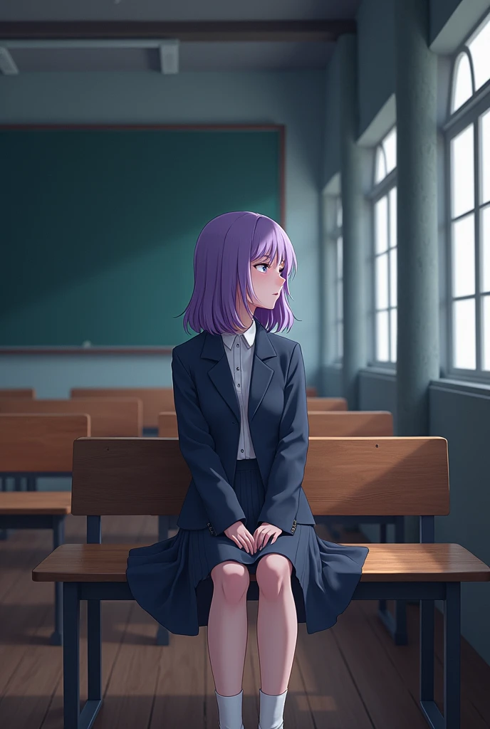 A girl sat. Mide of the coloum in bench in one side colum
 class room  with violet colour .