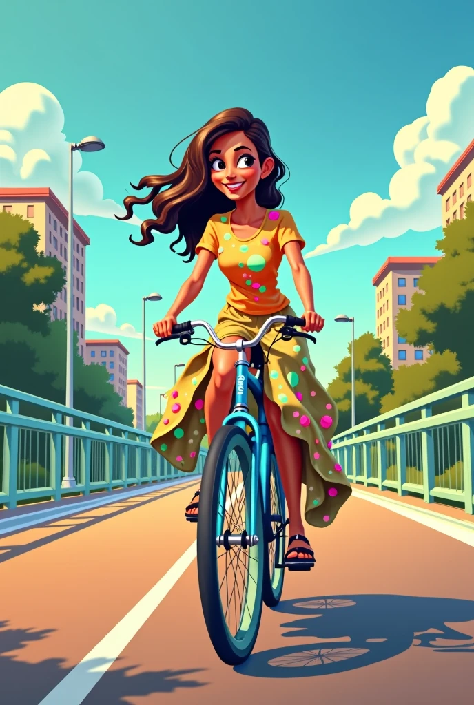 cartoon of woman wearing colourful t-shirt and long skirts riding a bicycle on a bridge,  happy, cartoon art, amazing artwork