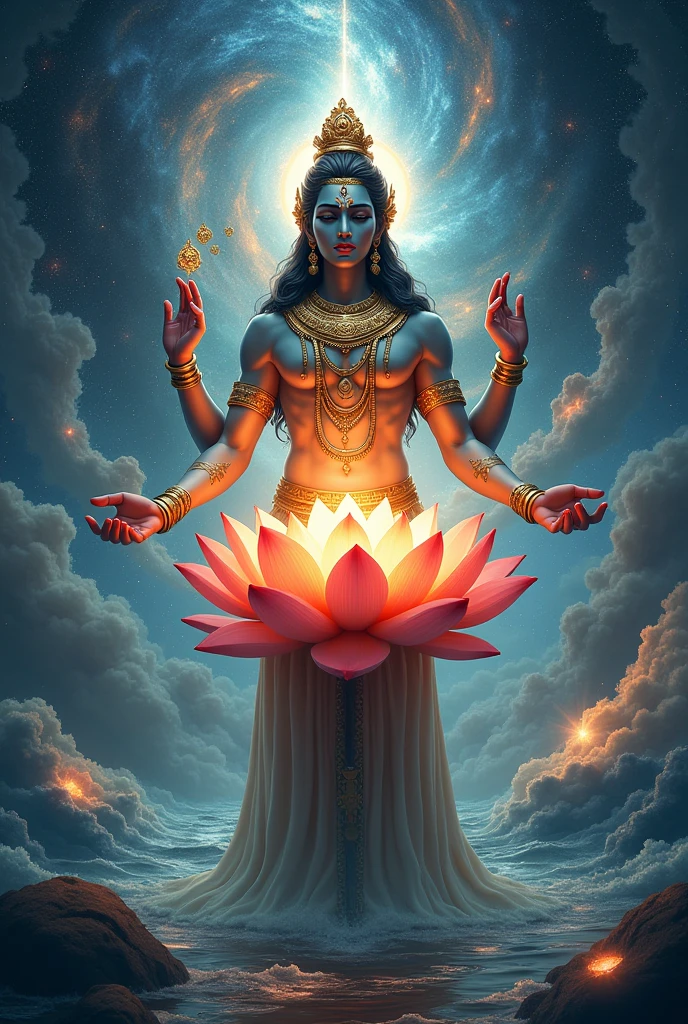 Vishnu in the Dawn of Creation: Vishnu emerging from the cosmic waters at the beginning of creation, holding a lotus flower from which Brahma arises, with the universe forming around him.