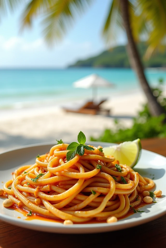 linguine with satay sauce on an Indonesian beach