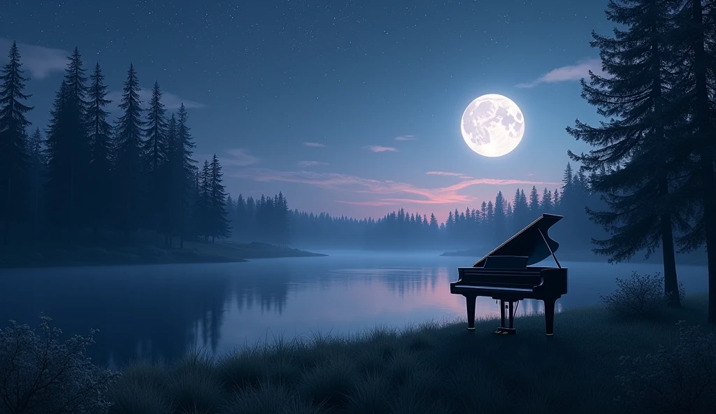 With a serene lake in the foreground, surrounded by tall evergreen trees, it creates a peaceful nightscape. The sky is filled with stars and a full moon casts a soft light on the landscape. The sky's color shifts from deep blue to soft purples and pinks near the horizon, and reflections of the sky and trees clearly appear on the surface of the water, adding to the serene scene. A sophisticated black grand piano is placed on the lawn by the lake, overlooking the water, adding an elegant and mysterious touch to the tranquil setting. The grand piano is illuminated by moonlight.
Translated with DeepL.com (free version)