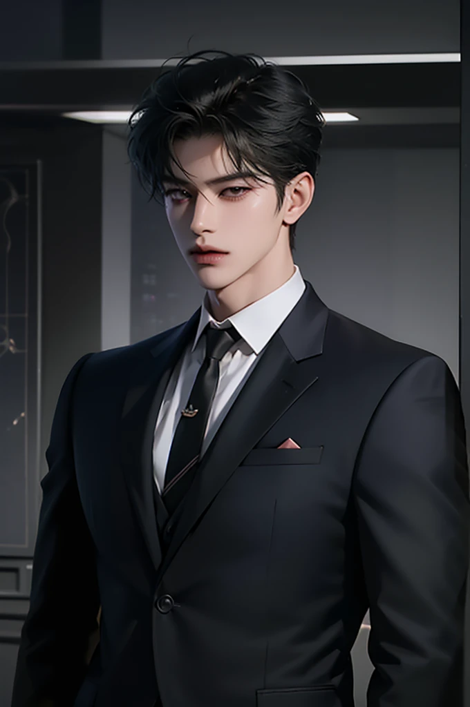 male, Handsome, Korean bad boy, Super Detail, Super Detail information, Cinema Lighting, single, Are standing, studio, Spectators from the front, Comic book style, Suit and tie, Black Hair, Messy bangs, Emoji Hair, model, Pause, Side view