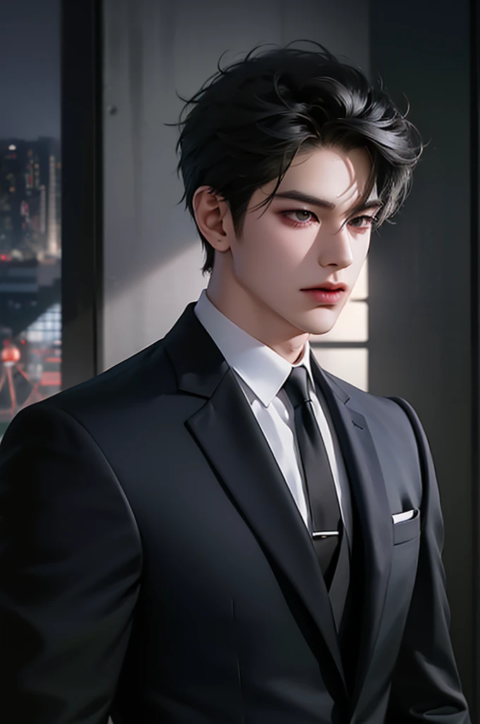male, Handsome, Korean bad boy, Super Detail, Super Detail information, Cinema Lighting, single, Are standing, studio, Spectators from the front, Comic book style, Suit and tie, Black Hair, Messy bangs, Emoji Hair, model, Pause, Side view