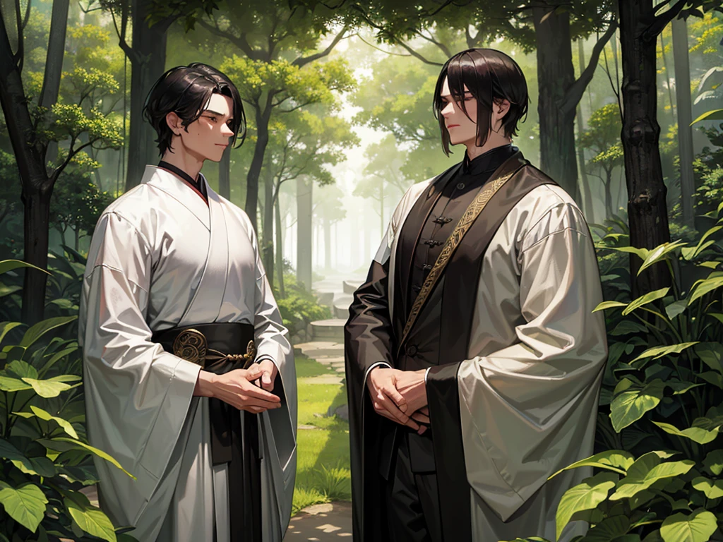 A scene set in a misty forest, in the style of classical Chinese martial arts. A young man, dressed in simple traditional attire, is stealthily observing two elderly men from behind a large tree. The two old men, wearing elaborate robes befitting martial arts masters, are engaged in a serious conversation. The young man's posture suggests caution and curiosity. Soft light filters through the dense canopy, creating dappled shadows. The atmosphere is tense and mysterious. Highly detailed, with focus on the characters' expressions and the lush forest environment. Use a color palette reminiscent of ancient Chinese paintings. Maintain realistic proportions and avoid distortions.