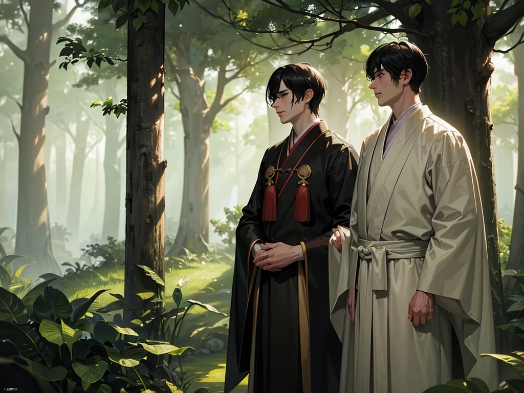 A scene set in a misty forest, in the style of classical Chinese martial arts. A young man, dressed in simple traditional attire, is stealthily observing two elderly men from behind a large tree. The two old men, wearing elaborate robes befitting martial arts masters, are engaged in a serious conversation. The young man's posture suggests caution and curiosity. Soft light filters through the dense canopy, creating dappled shadows. The atmosphere is tense and mysterious. Highly detailed, with focus on the characters' expressions and the lush forest environment. Use a color palette reminiscent of ancient Chinese paintings. Maintain realistic proportions and avoid distortions.
