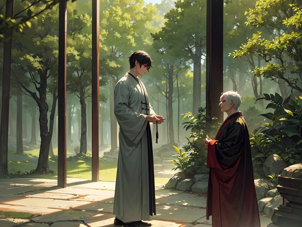 A scene set in a misty forest, in the style of classical Chinese martial arts. A young man, dressed in simple traditional attire, is stealthily observing two elderly men from behind a large tree. The two old men, wearing elaborate robes befitting martial arts masters, are engaged in a serious conversation. The young man's posture suggests caution and curiosity. Soft light filters through the dense canopy, creating dappled shadows. The atmosphere is tense and mysterious. Highly detailed, with focus on the characters' expressions and the lush forest environment. Use a color palette reminiscent of ancient Chinese paintings. Maintain realistic proportions and avoid distortions.