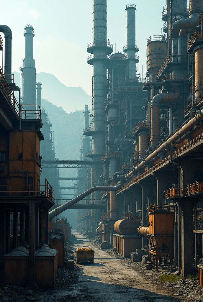 a photorealistic 8k image of a large modern industrial factory, MTI CONNECTECH PVT.LTD, detailed machinery, pipes, chimneys, complex architecture, industrial landscape, heavy equipment, workers, realistic textures, dramatic lighting, cinematic composition, moody atmosphere, muted color palette