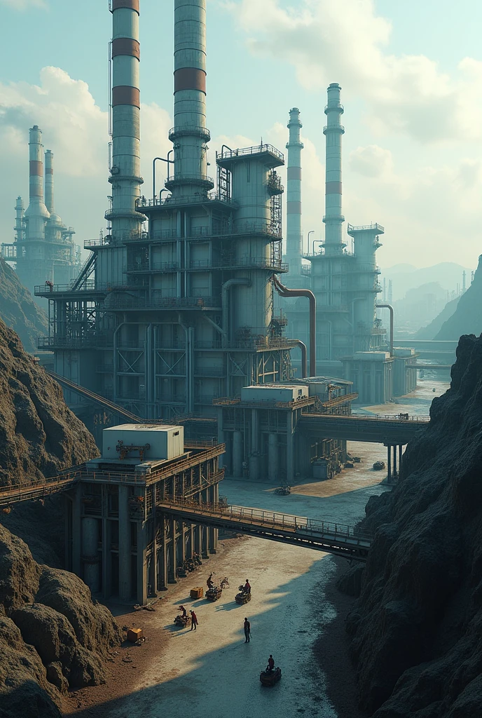 a photorealistic 8k image of a large modern industrial factory, MTI CONNECTECH PVT.LTD, detailed machinery, pipes, chimneys, complex architecture, industrial landscape, heavy equipment, workers, realistic textures, dramatic lighting, cinematic composition, moody atmosphere, muted color palette