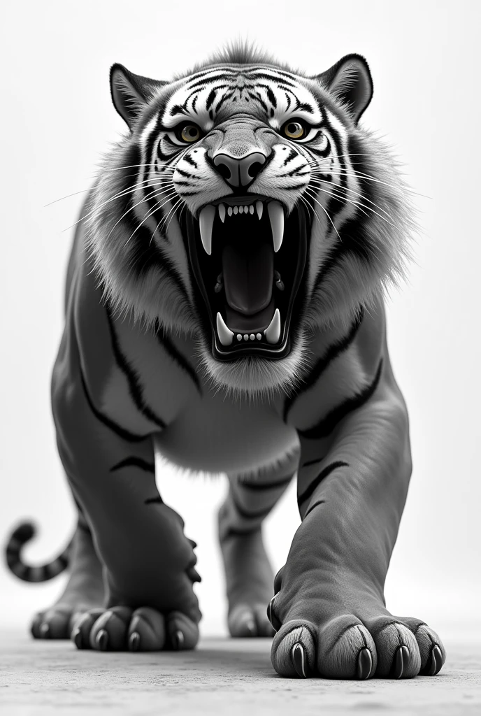 Please create an image of a black and white saber-toothed tiger facing forward and roaring , I want the face of the saber-toothed tiger to be detailed. ,I would like your face to be a more realistic drawing but more detailed tiger face