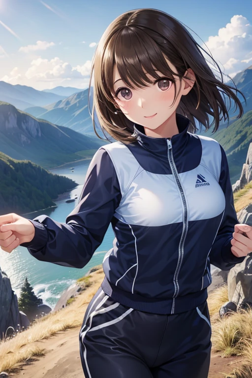 anegasaki nene、Shiny brown hair, short hair, (Beautiful brown eyes、Sparkling eyes, Fine grain)、smile、Ultra-detailed eyes、Very detailedな顔, Very detailedな目,Cowboy Shot、


nsfw、
(Highest quality, masterpiece:1.2), Very detailed, Realistic:1.37, 8k, High resolution, Very detailed背景, 
Majestic Mountain々Silhouette of a girl climbing a hill, (Climber-style sportswear with long sleeves and pants), A man reaching out his hand to the shining sun from the mountaintop, Beautiful scenery decorated with earth tones, A Hopeful Outlook, Expressions that evoke tender feelings in the viewer, Minimize depictions of people、Prioritize the view.