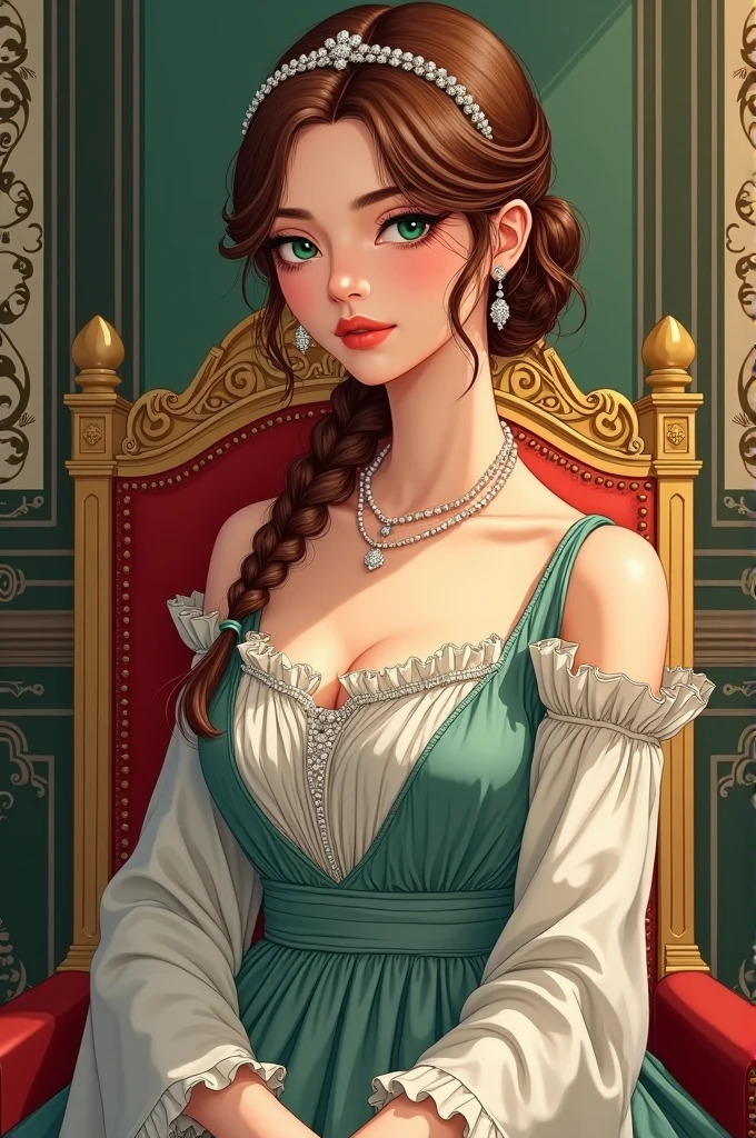 Draw me an image in manhwa art style. I want it to be a portrait. Her appearance is a beautiful fine woman in her late twenties, have an emerald-like green narrow lifeless eyes, deep brownish red hair in a bit messy low bun hairstyle with a little braid in each side of her hair, she also have pearls as accessories of her hair and a headband that looks tiara but it isn't a tiara, she's wearing a beautiful spanish royal clothing with a pearl necklace, she's sitting in a throne like seat with her body in a bit side profile and her hand in her thighs and I want it a full body photo