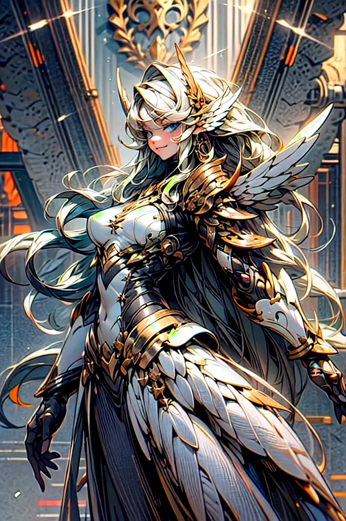 zzmckzz,  metallic wing, metal wings, symmetrical metal wings,, ultra detailed, masterpiece, best quality, aesthetic, detailed,, solo, soft smile, light smile,
1girl, blue eyes, very long hair, blonde hair, long blonde hair, french braid, bangs, medium breasts,