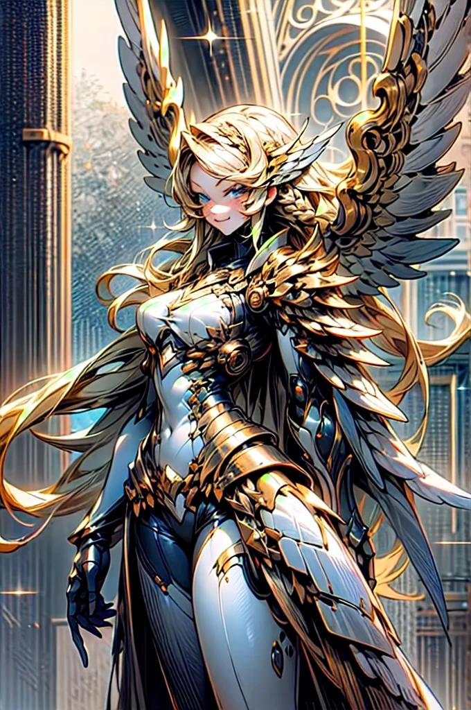 zzmckzz,  metallic wing, metal wings, symmetrical metal wings,, ultra detailed, masterpiece, best quality, aesthetic, detailed,, solo, soft smile, light smile,
1girl, blue eyes, very long hair, blonde hair, long blonde hair, french braid, bangs, medium breasts,